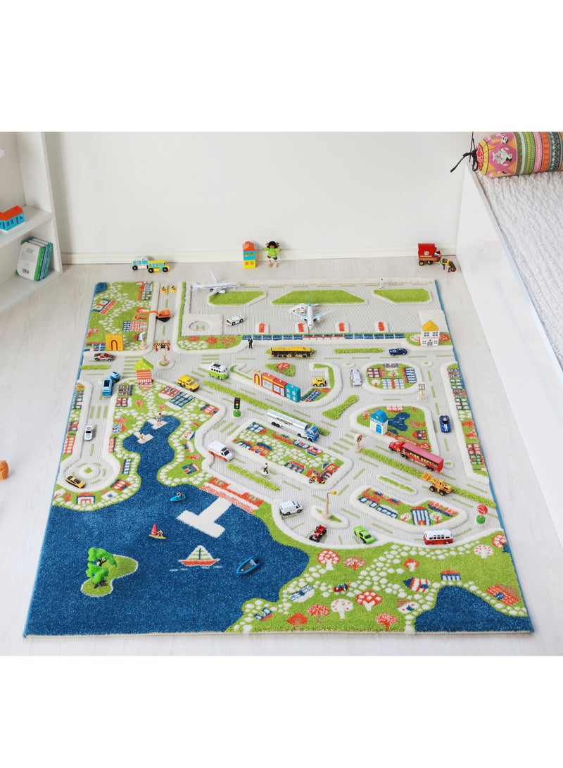 3D Play Carpet Mini City - Large | Blue | Activity Playmat for Kids & Children | Bedroom, Living Room, Nursery Rug | Polypropylene | Foldable | 180 cm x 134 cm