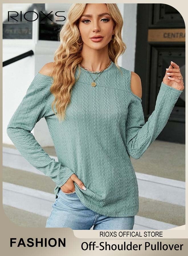Women's Casual Long Sleeve Blouse Round Neck Off-Shoulder Pullover Shirt Soft and Comfortable Top for Fall