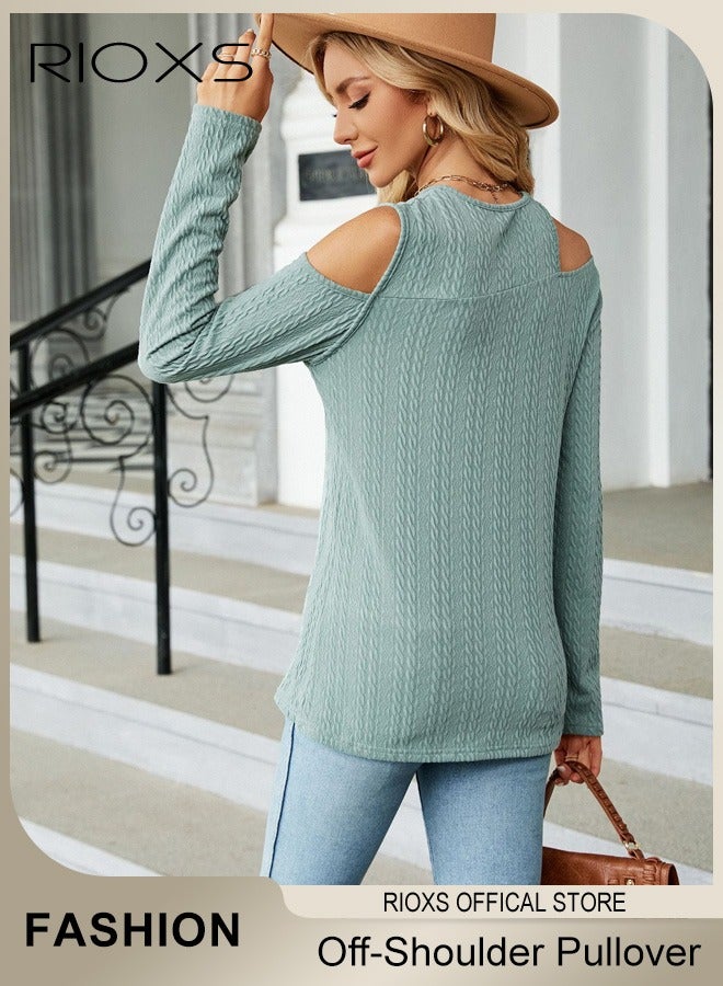Women's Casual Long Sleeve Blouse Round Neck Off-Shoulder Pullover Shirt Soft and Comfortable Top for Fall
