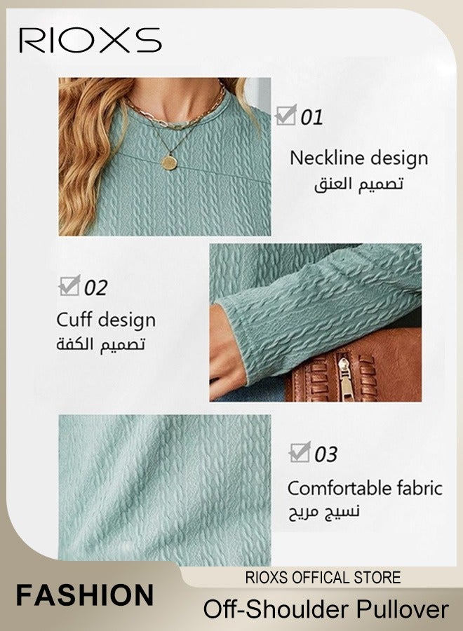 Women's Casual Long Sleeve Blouse Round Neck Off-Shoulder Pullover Shirt Soft and Comfortable Top for Fall