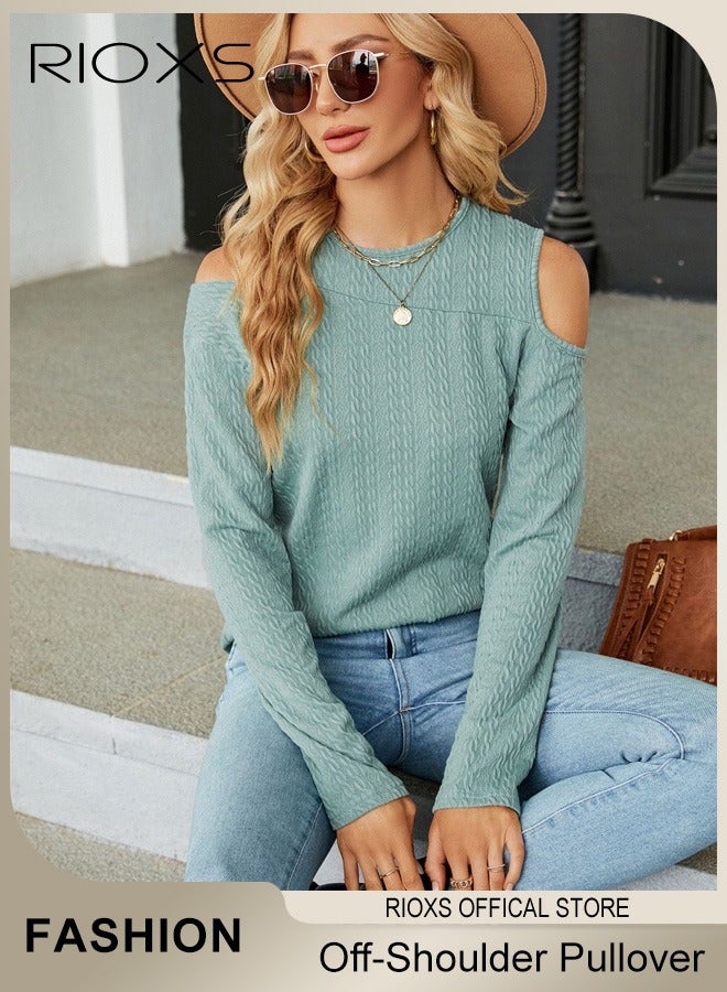Women's Casual Long Sleeve Blouse Round Neck Off-Shoulder Pullover Shirt Soft and Comfortable Top for Fall