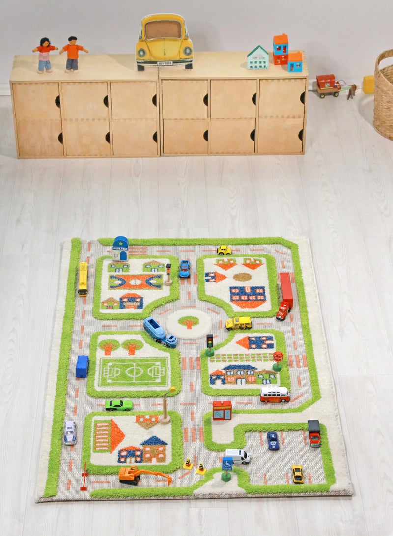 3D Play Carpet Traffic Design - Small | Green | Activity Playmat for Kids & Children | Bedroom, Living Room, Nursery Rug | Polypropylene | Foldable | 113 cm x 80 cm