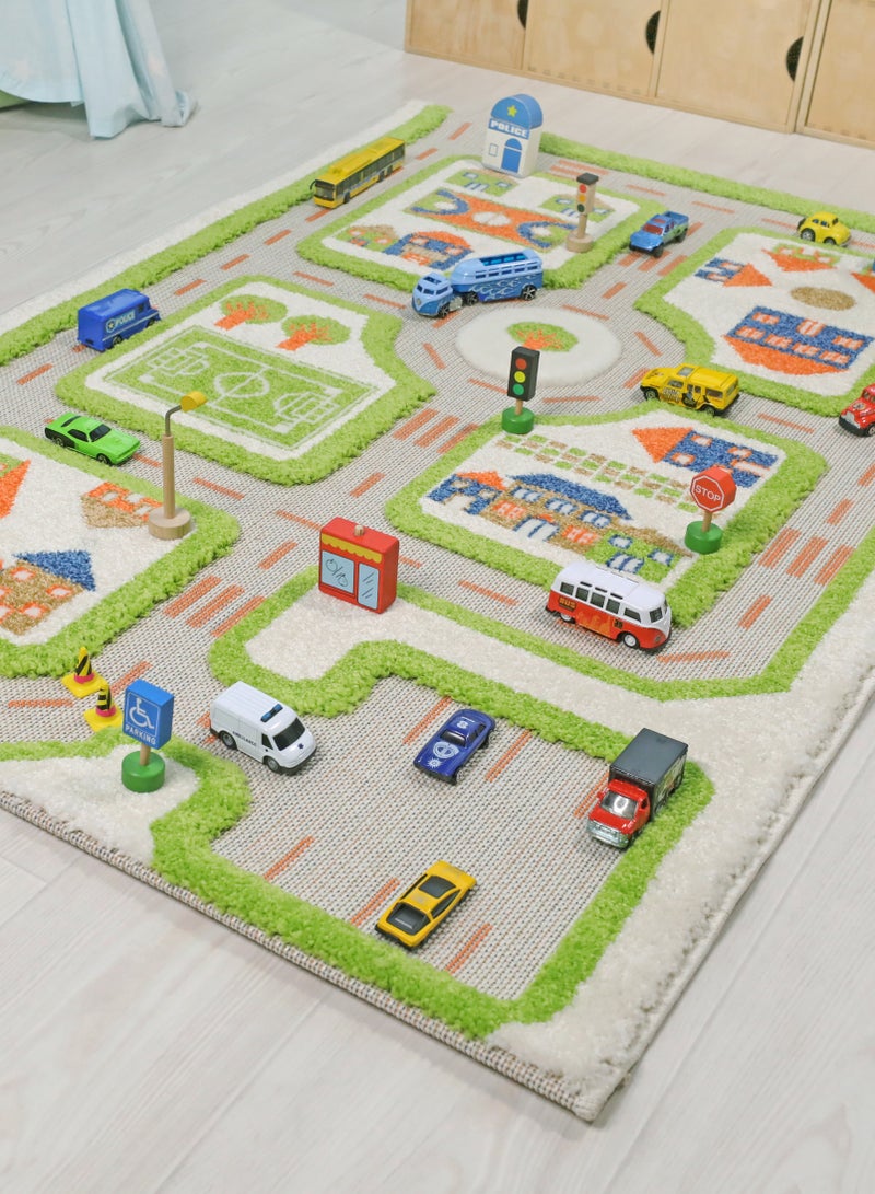 3D Play Carpet Traffic Design - Small | Green | Activity Playmat for Kids & Children | Bedroom, Living Room, Nursery Rug | Polypropylene | Foldable | 113 cm x 80 cm