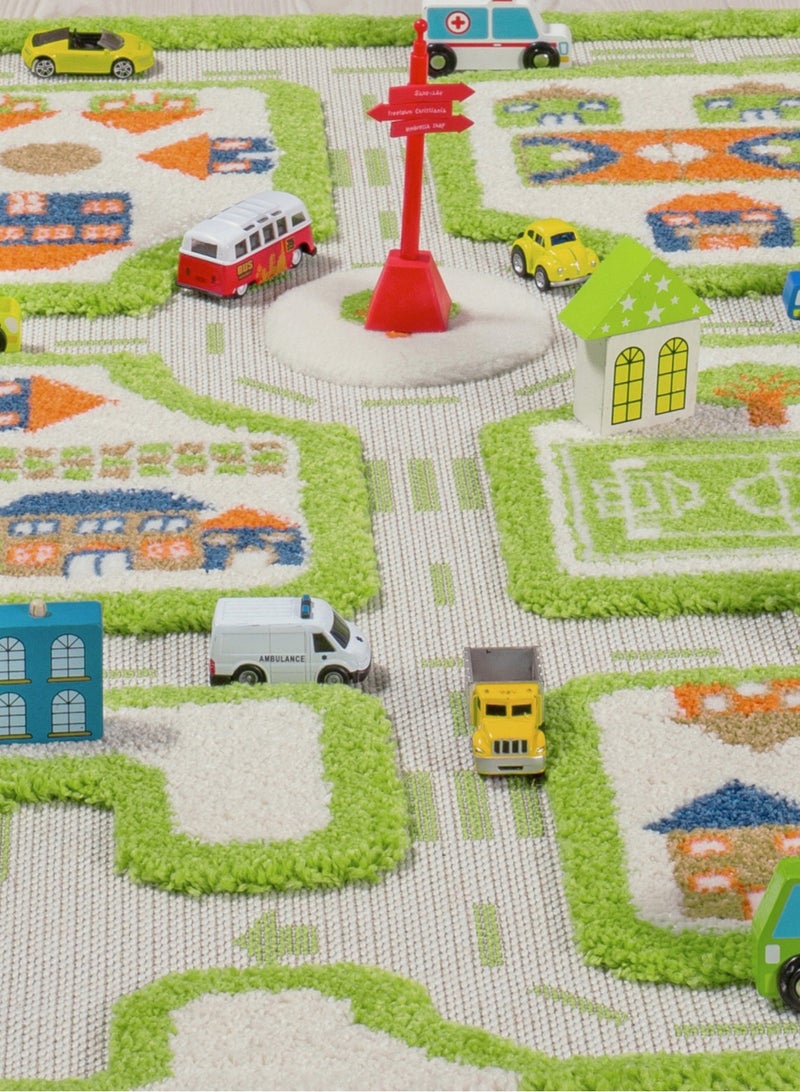 3D Play Carpet Traffic Design - Small | Green | Activity Playmat for Kids & Children | Bedroom, Living Room, Nursery Rug | Polypropylene | Foldable | 113 cm x 80 cm