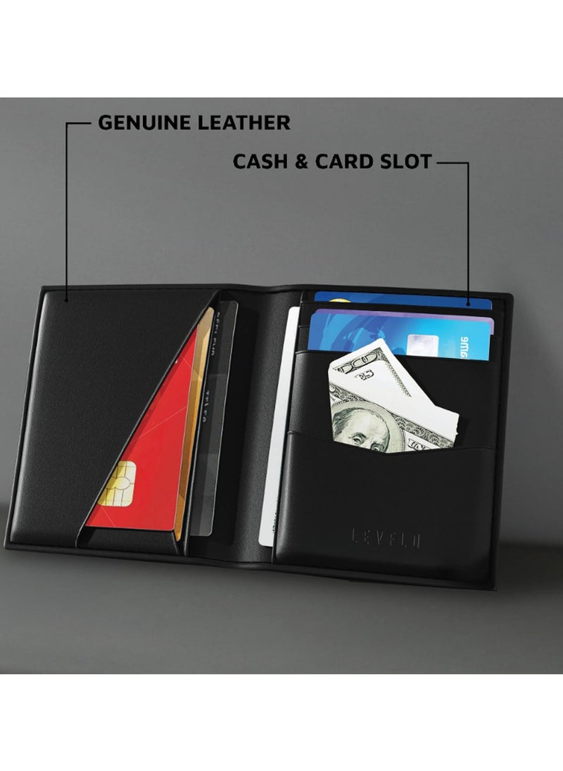 Billfold Mens Genuine Leather Wallet / Cash & Card Slot / Compact Design / Lightweight / Multiple Compartment  - Black