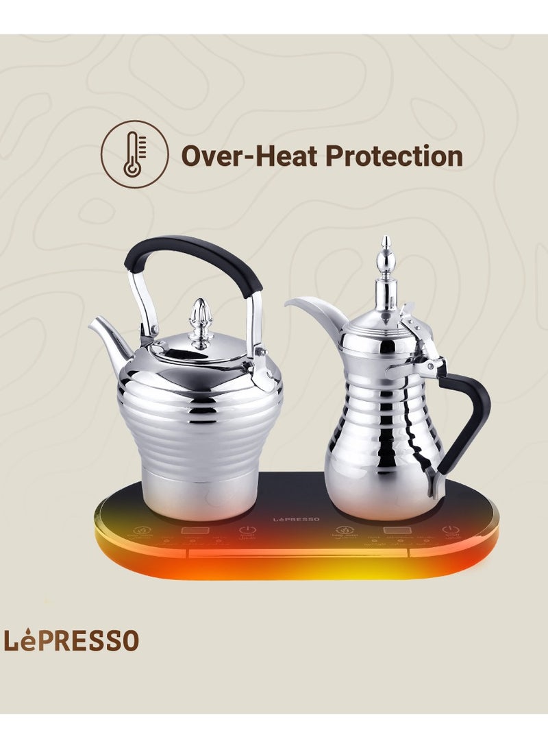 Electrical Arabic Coffee and Tea Maker with 750ml Coffee Capacity and 800ml Tea Dallah Capacity / Stainless Steel / Over-heat Protection / Boils Water and Heats Milk - Silver