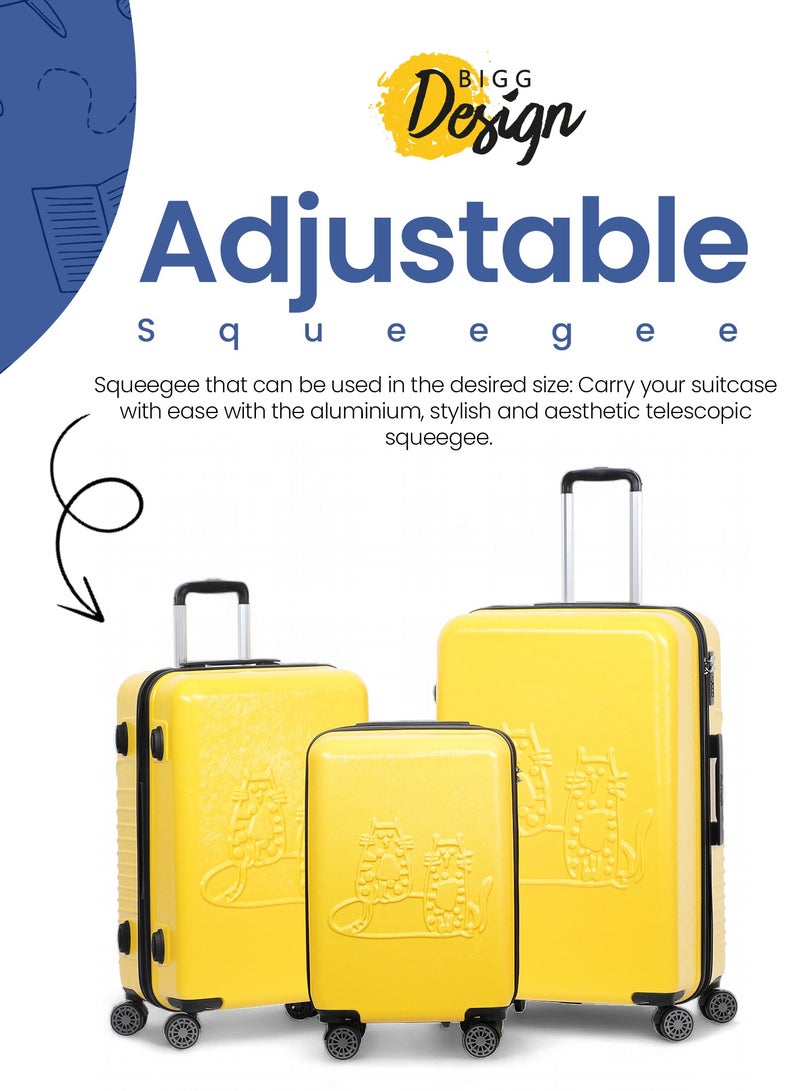 Biggdesign Lightweight Cats Design Carry On Luggage with Spinner Wheel and Lock System Yellow 28-Inch