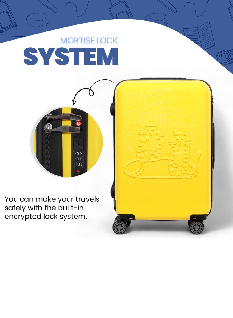 Lightweight Cats Design Carry On Luggage with Spinner Wheel and Lock System Yellow 24-Inch