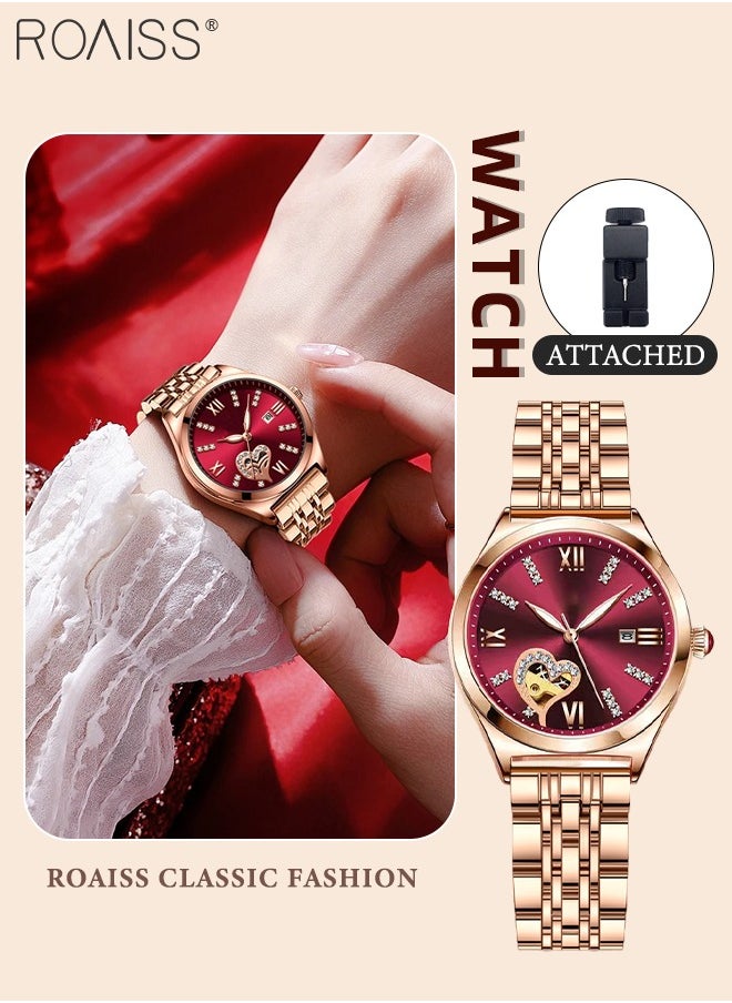 Women's Steel Strap Quartz Watch Analog Display Round Red Dial with Rhinestones Decoration and Hollow Heart Pattern Waterproof Luminous Wristwatch as Gift for Ladies