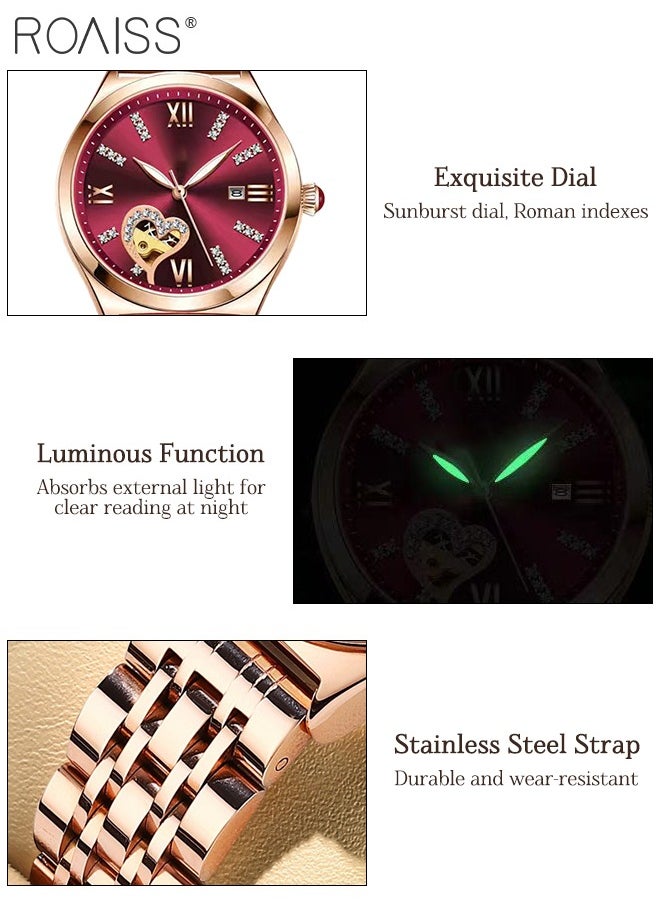 Women's Steel Strap Quartz Watch Analog Display Round Red Dial with Rhinestones Decoration and Hollow Heart Pattern Waterproof Luminous Wristwatch as Gift for Ladies