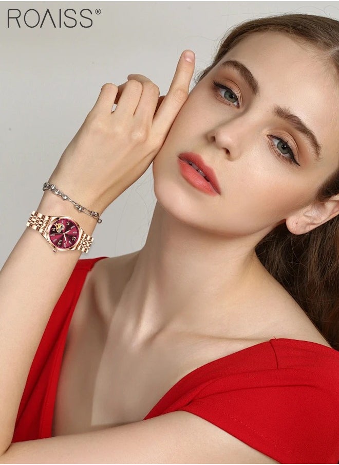 Women's Steel Strap Quartz Watch Analog Display Round Red Dial with Rhinestones Decoration and Hollow Heart Pattern Waterproof Luminous Wristwatch as Gift for Ladies