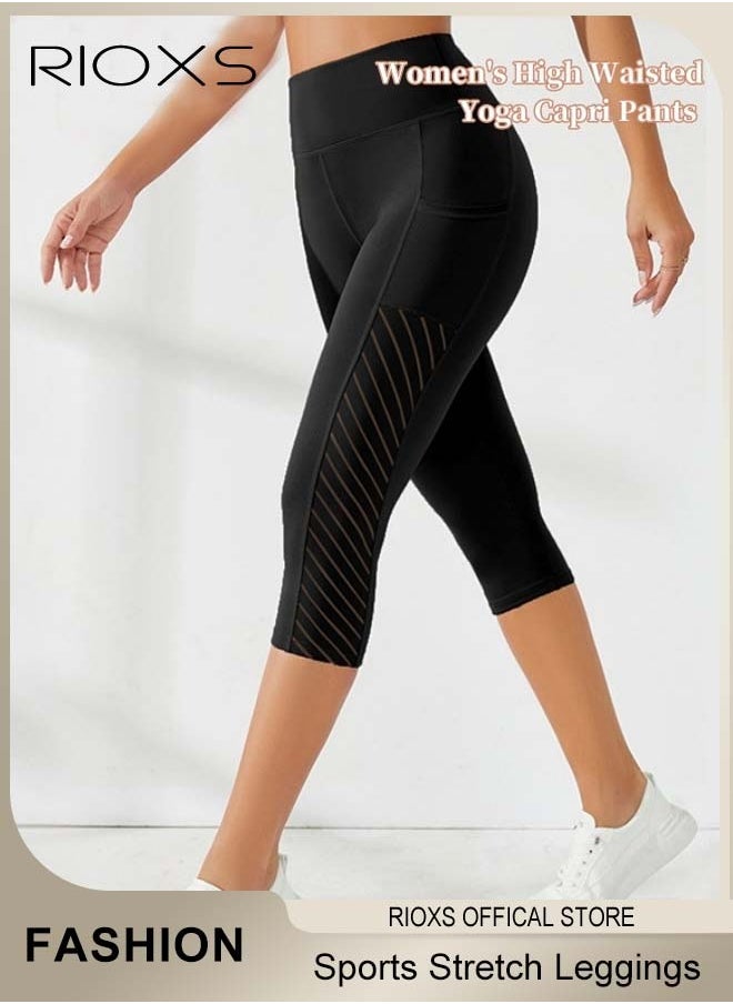 Women's High Waisted Yoga Pants,Stretch Capri Leggings With Side Pockets,Workout Tummy Control Leggings For Sports Gym Yoga Tights,Skinny Leggings For Women Ladies Running