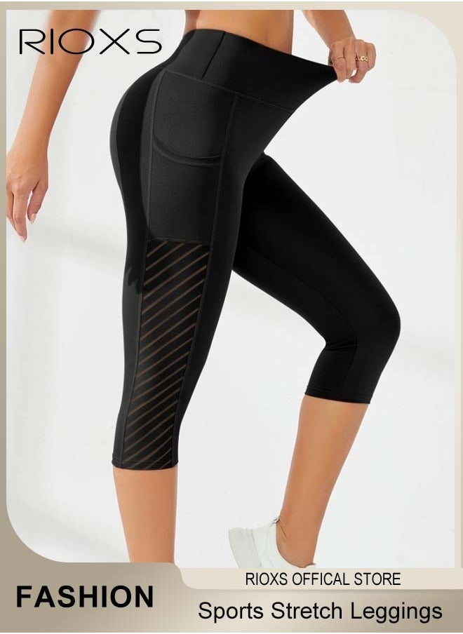 Women's High Waisted Yoga Pants,Stretch Capri Leggings With Side Pockets,Workout Tummy Control Leggings For Sports Gym Yoga Tights,Skinny Leggings For Women Ladies Running