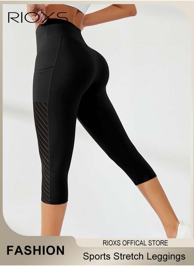 Women's High Waisted Yoga Pants,Stretch Capri Leggings With Side Pockets,Workout Tummy Control Leggings For Sports Gym Yoga Tights,Skinny Leggings For Women Ladies Running