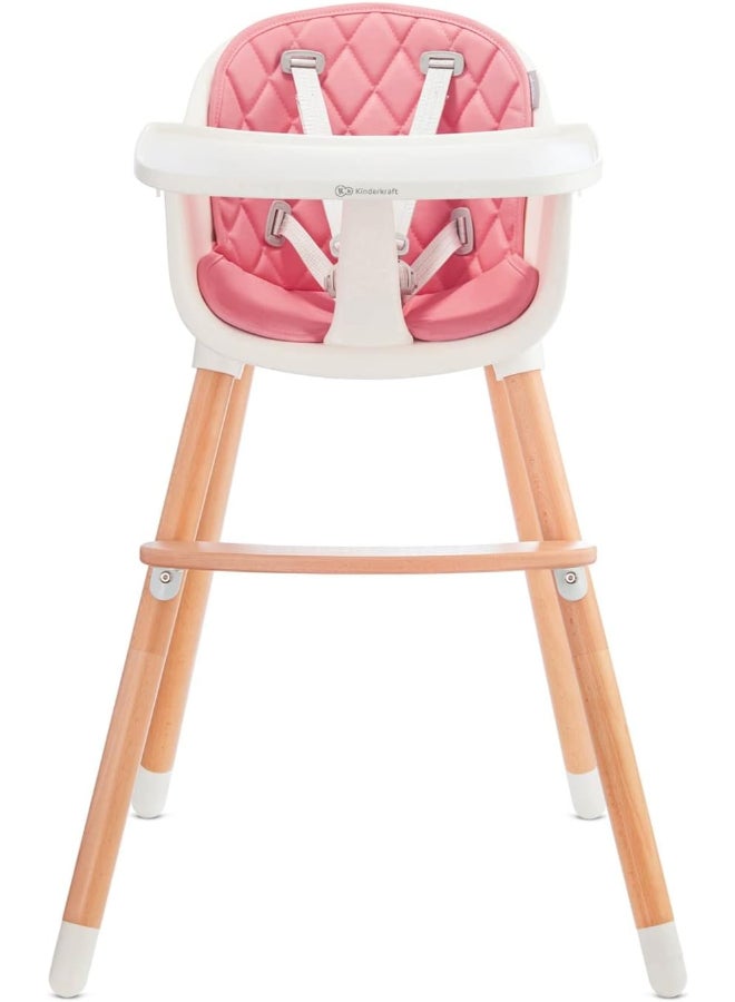 Highchair Sienna, Baby Chair, Ergonomic, Easy To Clean, Wooden Legs, Non - Slip Pads, Removable Tray, For Toddler, From 6 Month To 5 Years, Pink