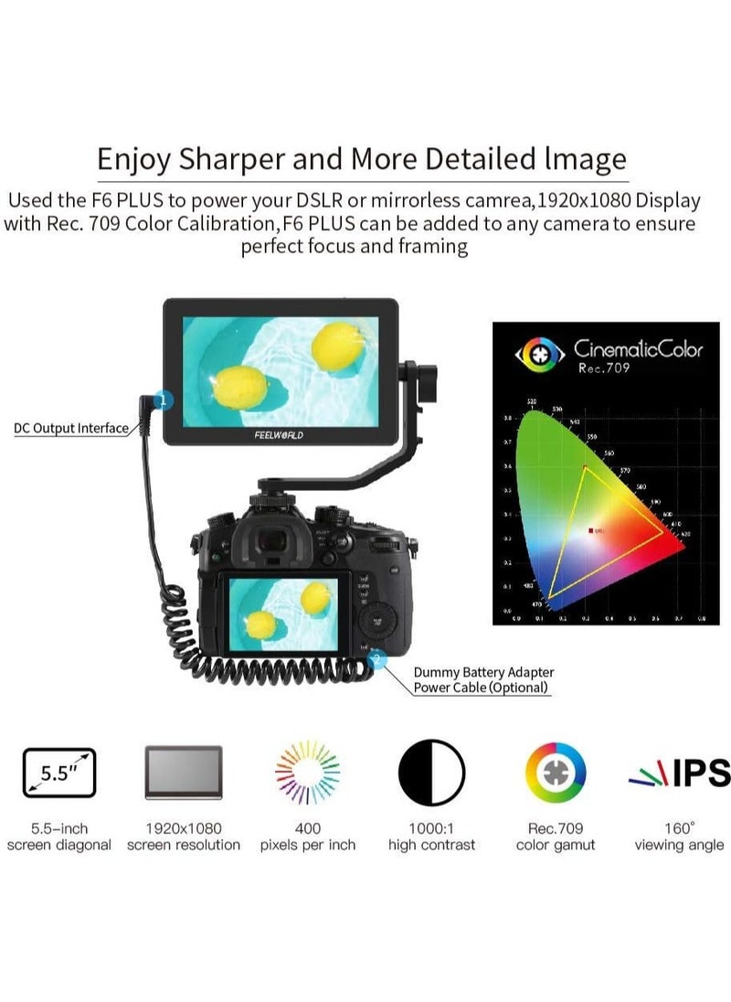 FEELWORLD F6 Plus 5.5 Inch DSLR On Camera Field Monitor Touch Screen 3D Lut Small Full HD 1920x1080 IPS Peaking Focus Video Assist 4K HDMI 8.4V DC Input Output Include Tilt Arm