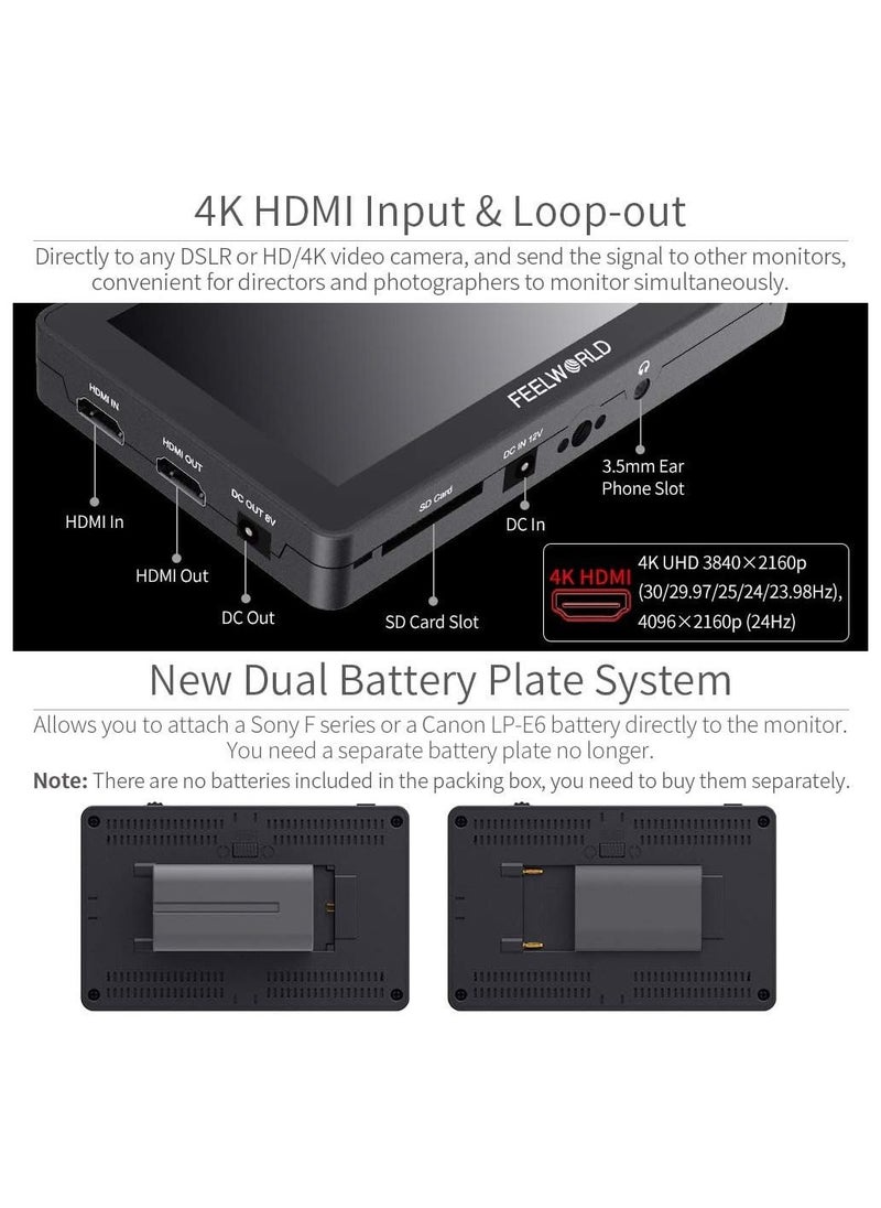 FEELWORLD F6 Plus 5.5 Inch DSLR On Camera Field Monitor Touch Screen 3D Lut Small Full HD 1920x1080 IPS Peaking Focus Video Assist 4K HDMI 8.4V DC Input Output Include Tilt Arm