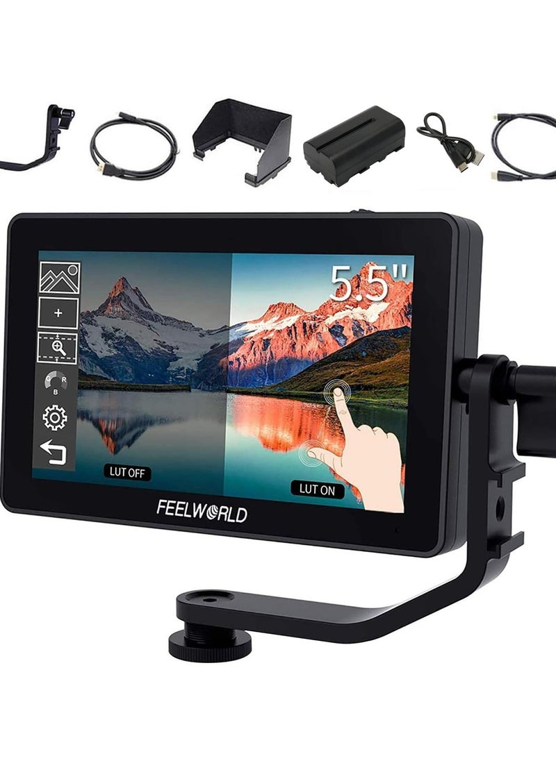 FEELWORLD F6 Plus 5.5 Inch DSLR On Camera Field Monitor Touch Screen 3D Lut Small Full HD 1920x1080 IPS Peaking Focus Video Assist 4K HDMI 8.4V DC Input Output Include Tilt Arm