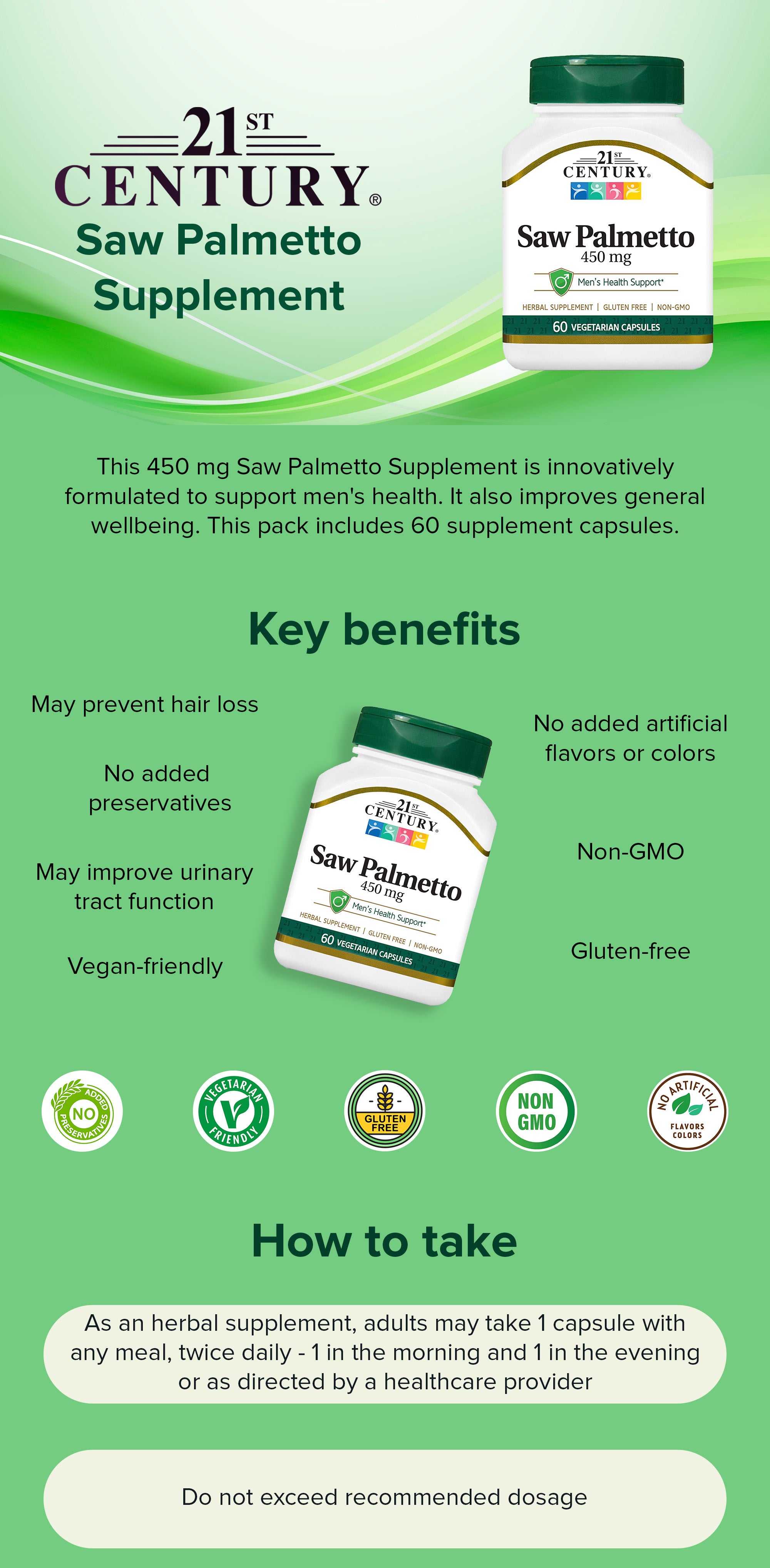 Saw Palmetto Supplement 450mg - 60 Vegetarian Capsules