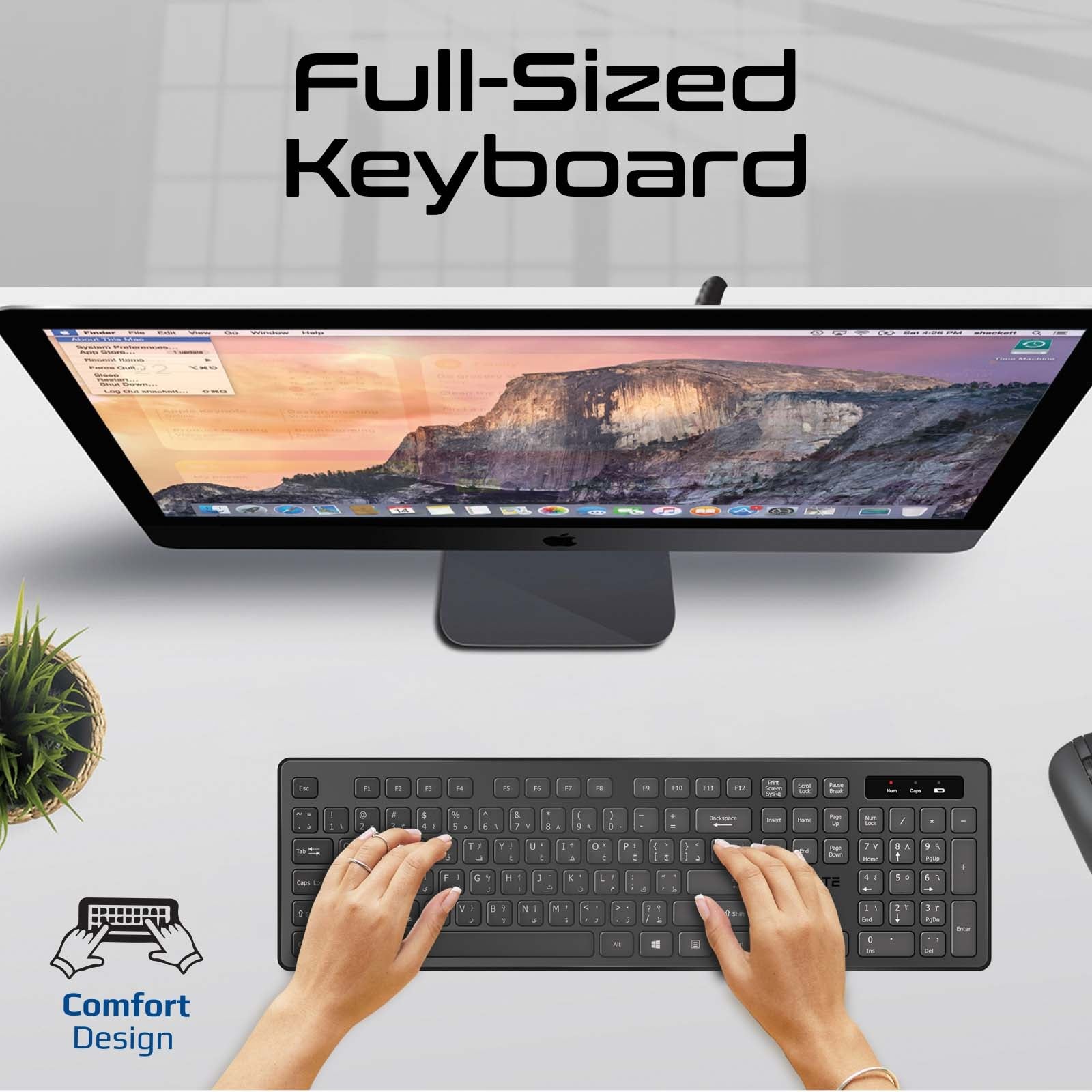 Promate Wireless Keyboard and Mouse Combo, Slim Full-Size 2.4Ghz Wireless Keyboard with 1600 DPI Ambidextrous Mouse, Nano USB Receiver, Quiet Keys, Angled Kickstand Black