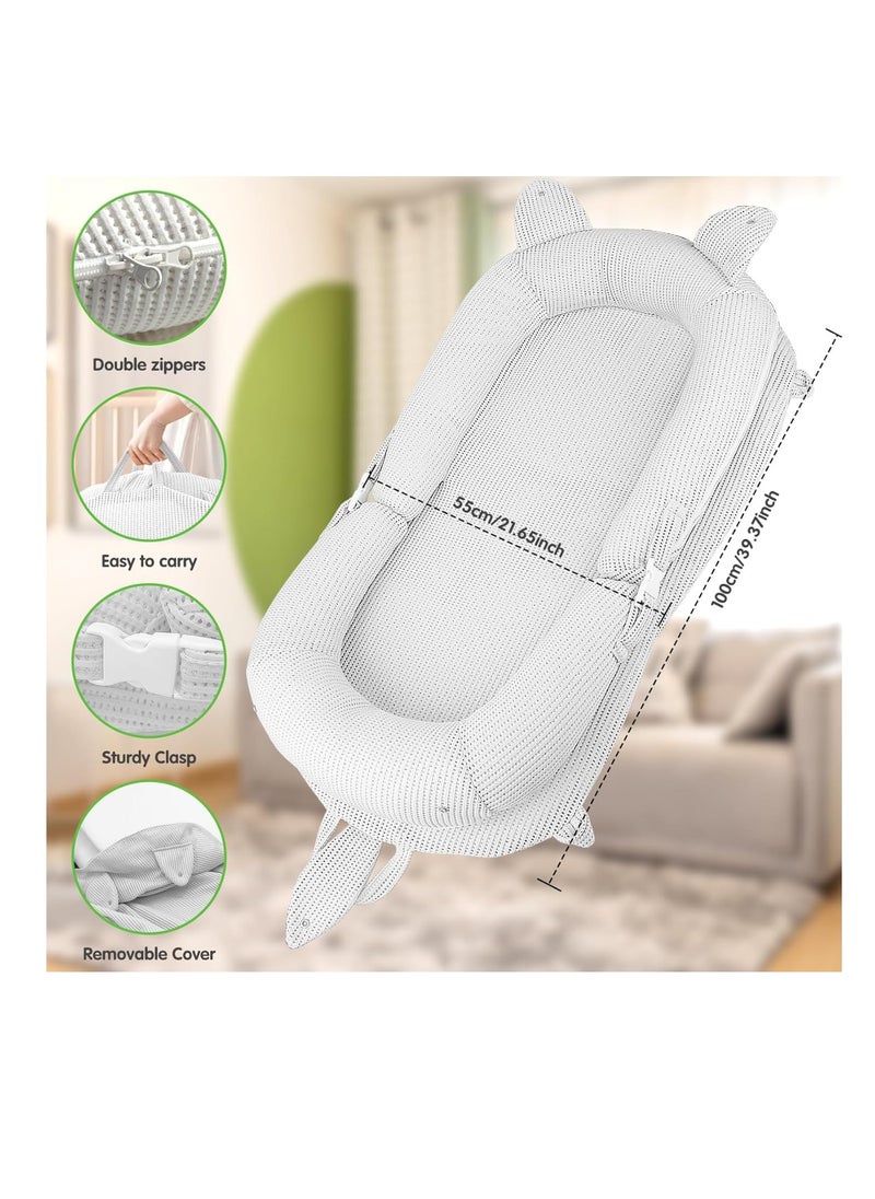 Baby Lounger, Baby Nest, Ultra Soft, Along with Anit-Reflux Pillow, Hanging Toys, Baby Bed, Portable & Foldable Nest, Soft & Breathable Mesh Surface, (0-2) Years) (Grey)
