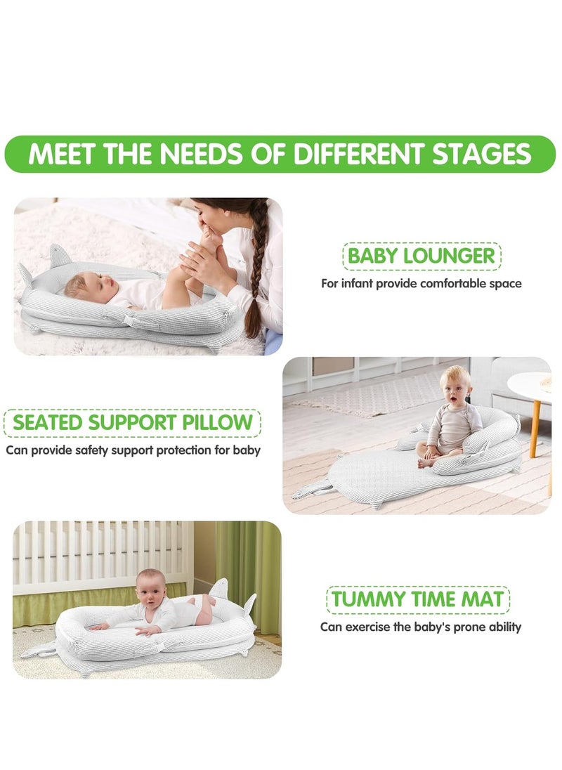 Baby Lounger, Baby Nest, Ultra Soft, Along with Anit-Reflux Pillow, Hanging Toys, Baby Bed, Portable & Foldable Nest, Soft & Breathable Mesh Surface, (0-2) Years) (Grey)