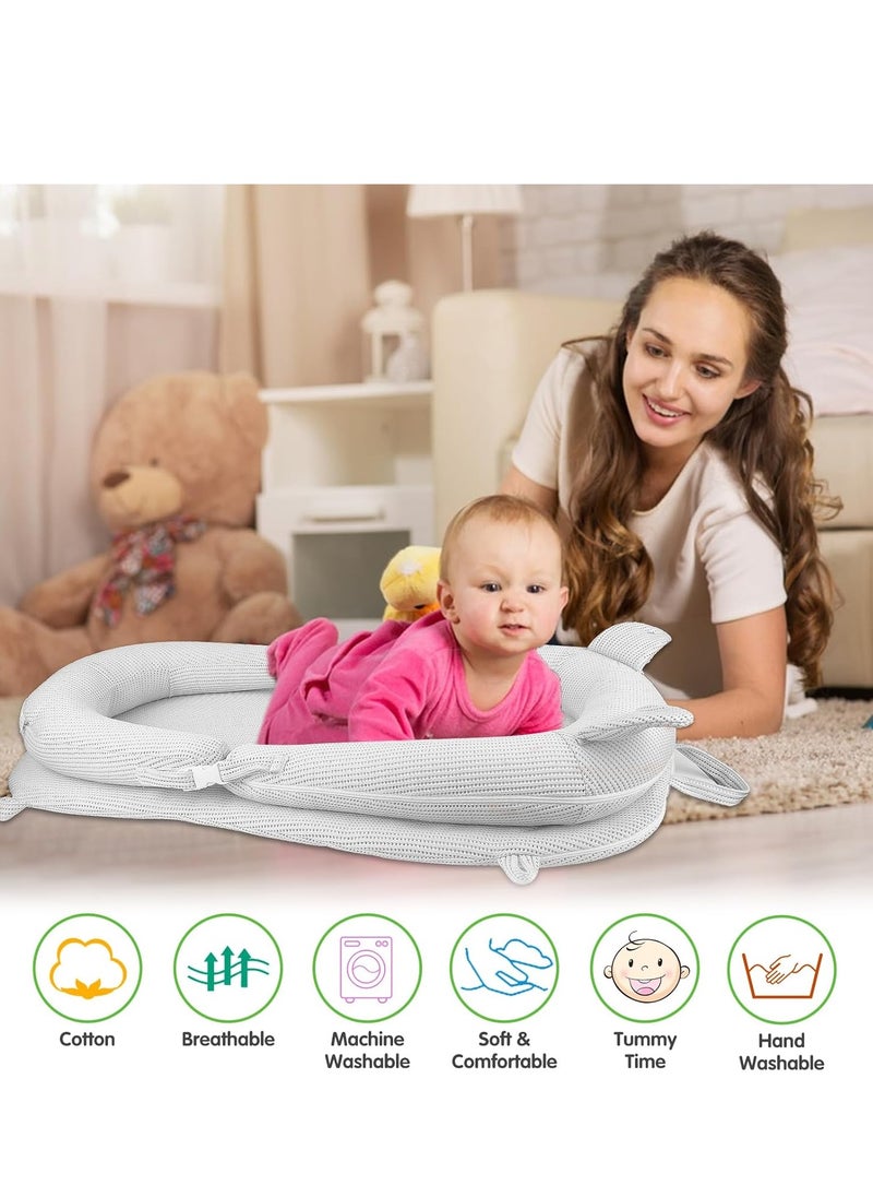 Baby Lounger, Baby Nest, Ultra Soft, Along with Anit-Reflux Pillow, Hanging Toys, Baby Bed, Portable & Foldable Nest, Soft & Breathable Mesh Surface, (0-2) Years) (Grey)