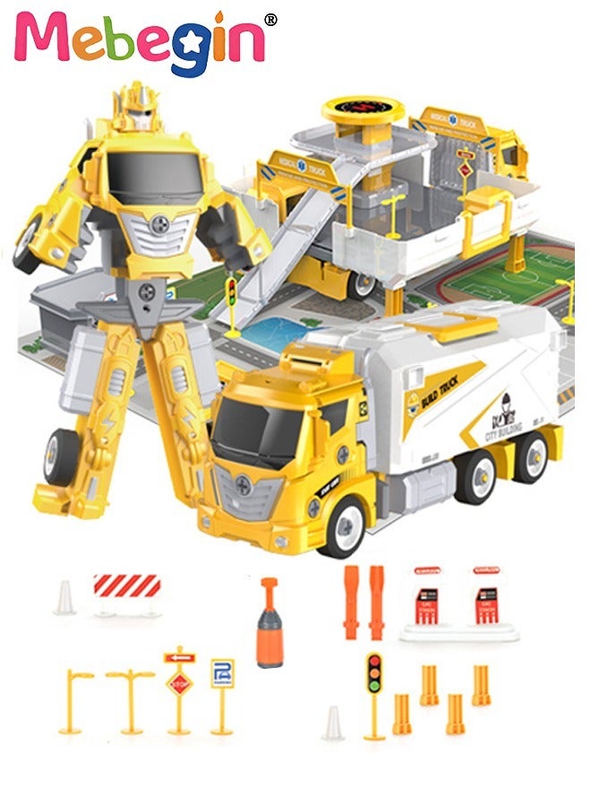3 in 1 Robot Transforming Truck Toy Set with Road Barrier Traffic Signs, Transforming Engineering Car Assembled Toy, Transforming Container Truck, DIY Outdoor Construction Toys for Kids, Perfect Gift for Kids