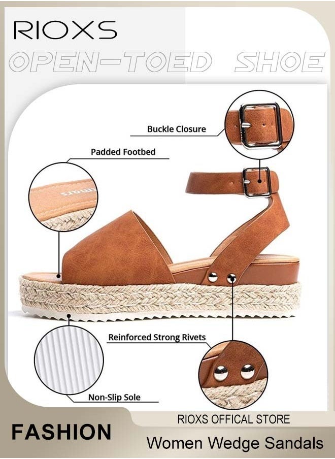 Women's Hollow Roman Wedge Sandals Round Open Toe Sandals Summer Comfortable Buckle Sandals