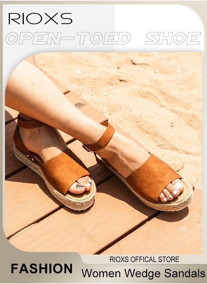 Women's Hollow Roman Wedge Sandals Round Open Toe Sandals Summer Comfortable Buckle Sandals