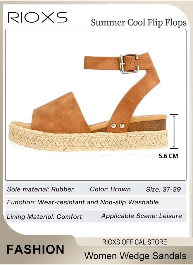 Women's Hollow Roman Wedge Sandals Round Open Toe Sandals Summer Comfortable Buckle Sandals