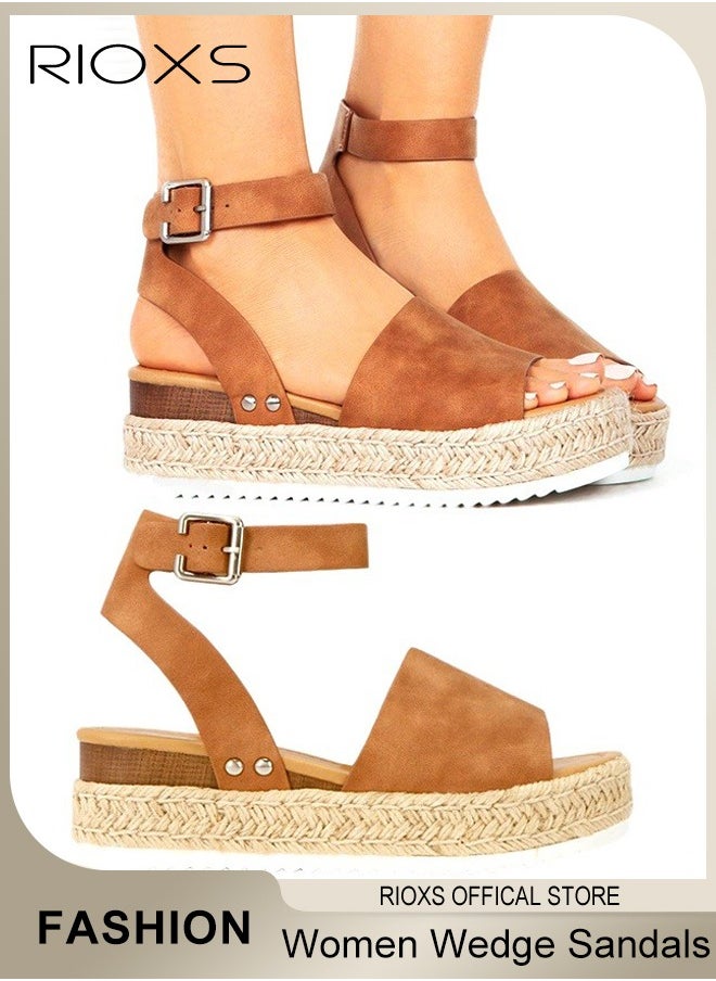 Women's Hollow Roman Wedge Sandals Round Open Toe Sandals Summer Comfortable Buckle Sandals