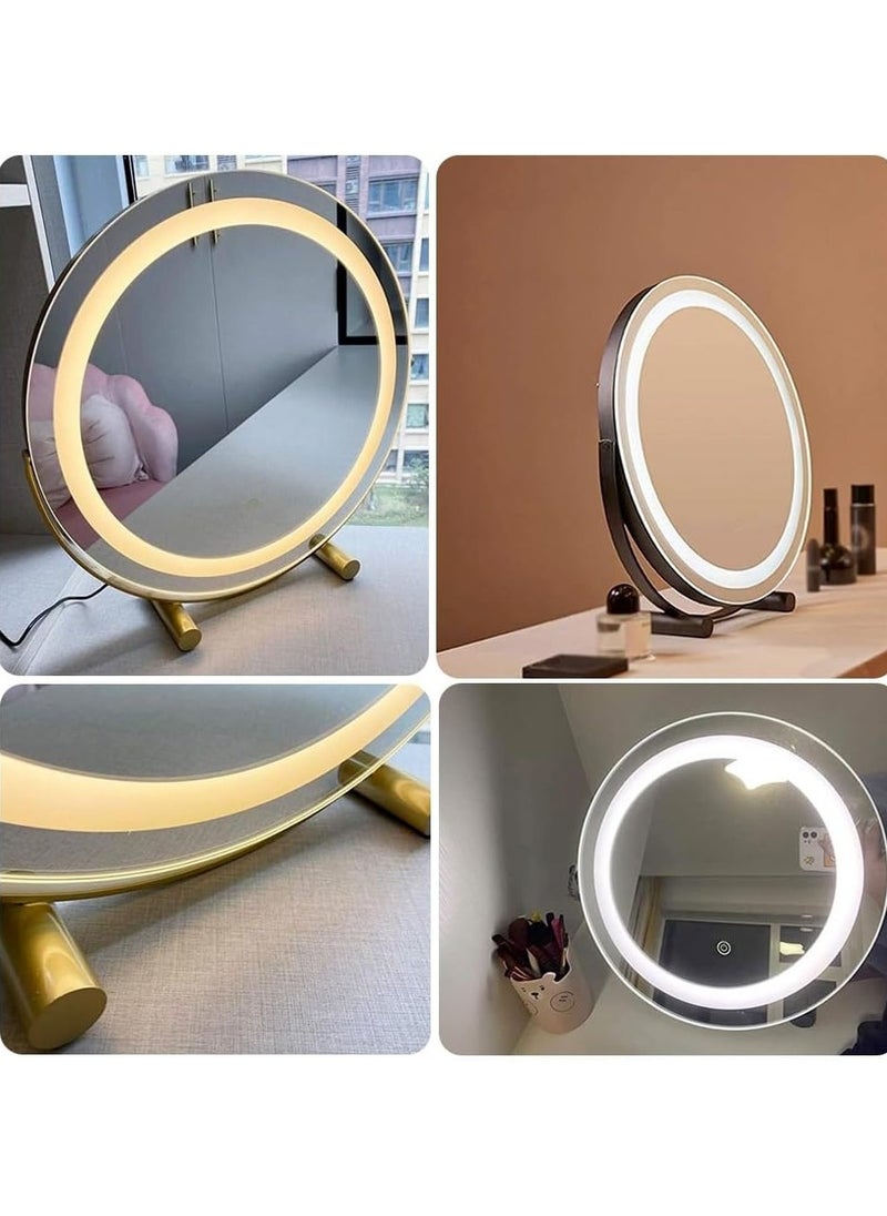 50 CM Large Vanity Mirror with Lights, Round LED Makeup Mirror, Light Up Mirror for Bedroom Tabletop, Smart Touch Control 3 Colors Dimmable, 360° Rotation