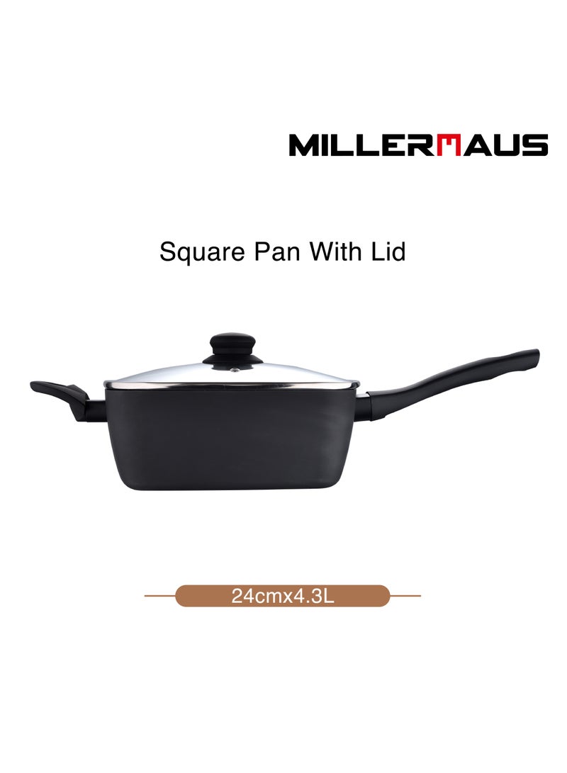 Square Pan With Lid Press Aluminium Marble Non-Stick Coating Soft Touch Handle and Foldable Stainless Steel Net Basket Black Color 25.8X25.5X13.3