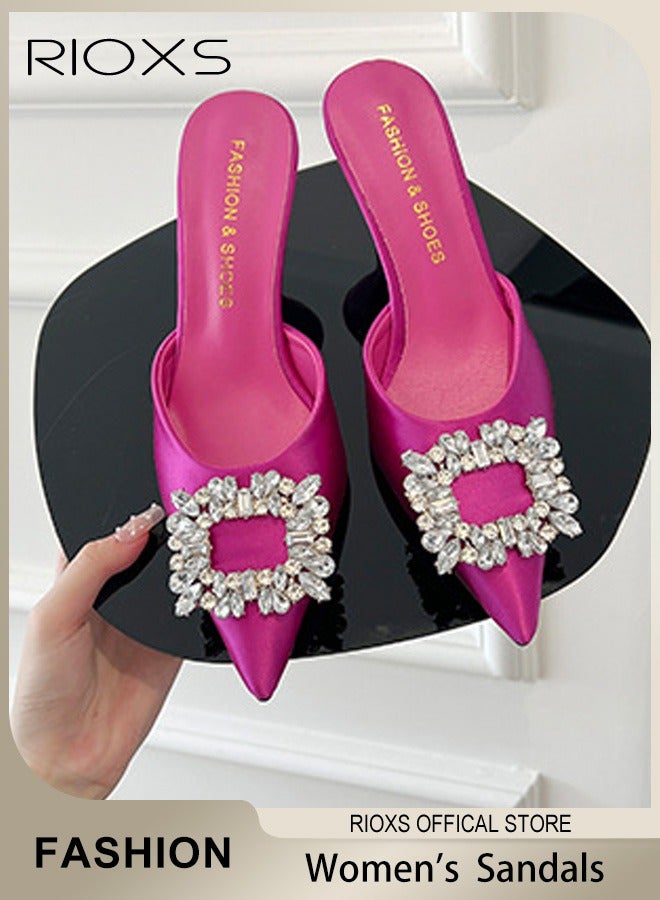 Women's Closed Pointed Toe Slip-On Backless Rhinestones Sandals Stiletto Slides Shoes For Work And Party