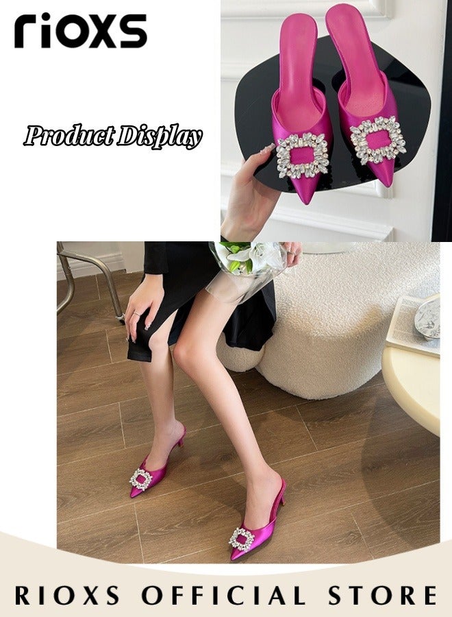 Women's Closed Pointed Toe Slip-On Backless Rhinestones Sandals Stiletto Slides Shoes For Work And Party