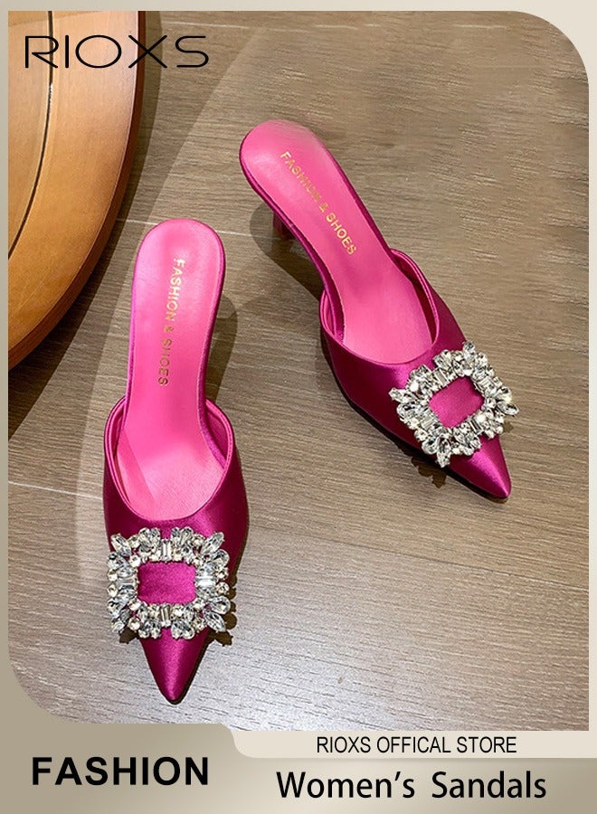 Women's Closed Pointed Toe Slip-On Backless Rhinestones Sandals Stiletto Slides Shoes For Work And Party