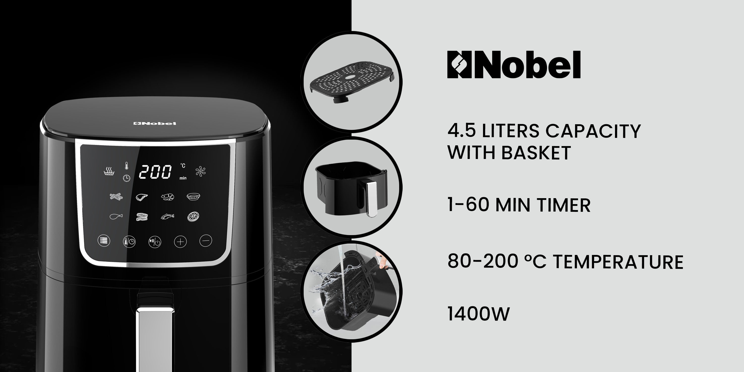 Air Fryer 4L Capacity, Multifunctional Fryer with Delay Function, Overheat Prevention, Digital Touch, 8 Preset Programs, High-Speed Air Circulation, Non-Stick 4 L 1400 W NAF600 Black