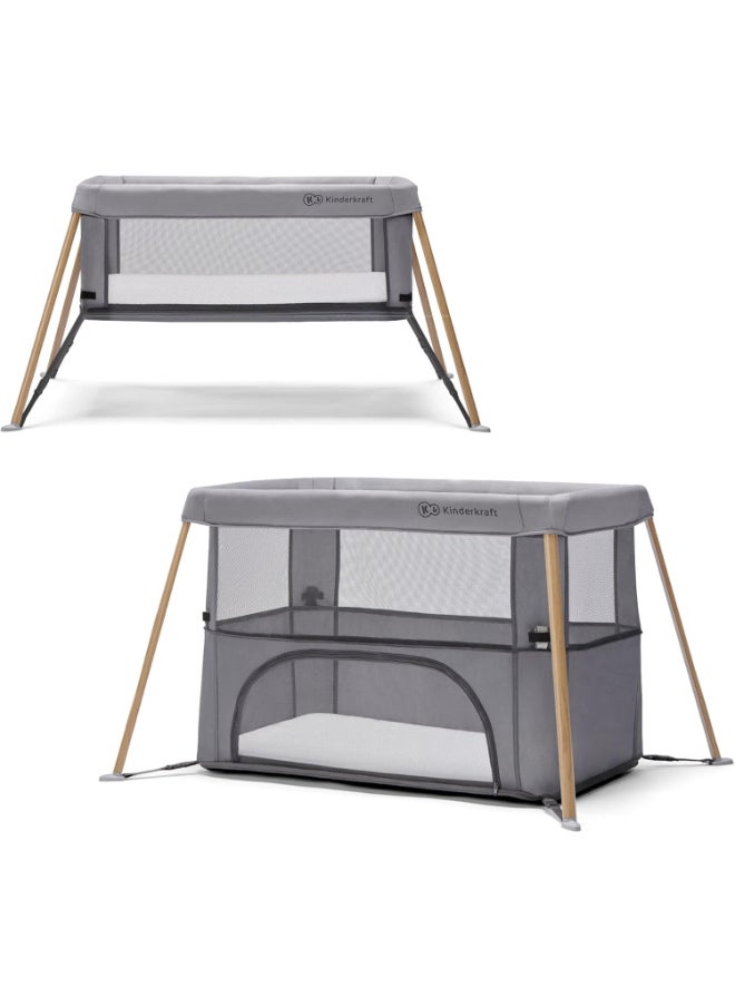 Movi Travel Cot - Grey And Wood