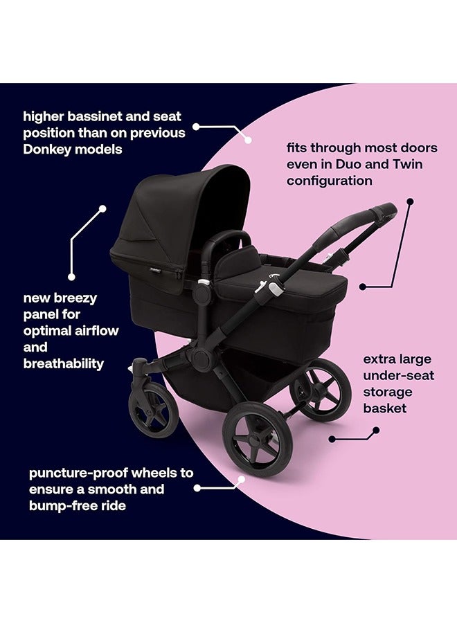 Baby Donkey 5 Mono Complete Bassinet And Single Stroller, Converts To Side-By-Side Double Stroller, Multiple Seat Positions, Compact And Cabin friendly - Black/Midnight, 0 Month To 4 Years