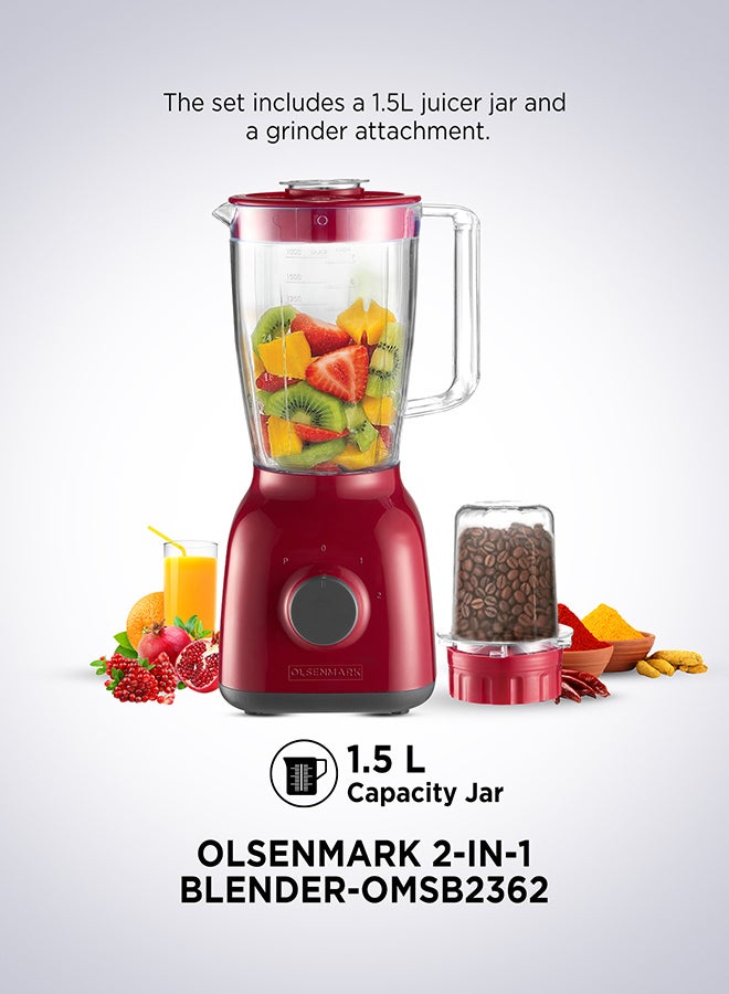 2-In-1 Juicer Blender Chopper Set 1.8 L OMSB2362N, 650W Powerful Motor With 2 Speed Setting And Pulse, Transparent And Unbreakable Jars With Stainless Steel Blade, Grinder Attachment 1.8 L 650 W OMSB2362N Red