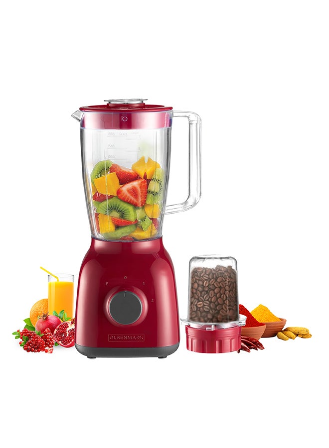 2-In-1 Juicer Blender Chopper Set 1.8 L OMSB2362N, 650W Powerful Motor With 2 Speed Setting And Pulse, Transparent And Unbreakable Jars With Stainless Steel Blade, Grinder Attachment 1.8 L 650 W OMSB2362N Red