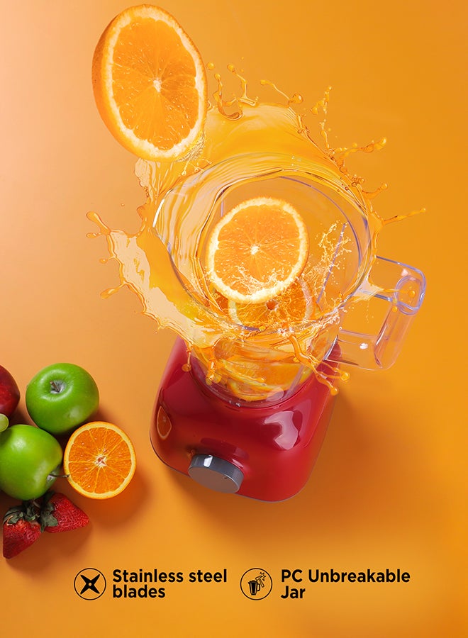 2-In-1 Juicer Blender Chopper Set 1.8 L OMSB2362N, 650W Powerful Motor With 2 Speed Setting And Pulse, Transparent And Unbreakable Jars With Stainless Steel Blade, Grinder Attachment 1.8 L 650 W OMSB2362N Red