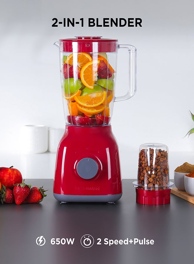2-In-1 Juicer Blender Chopper Set 1.8 L OMSB2362N, 650W Powerful Motor With 2 Speed Setting And Pulse, Transparent And Unbreakable Jars With Stainless Steel Blade, Grinder Attachment 1.8 L 650 W OMSB2362N Red