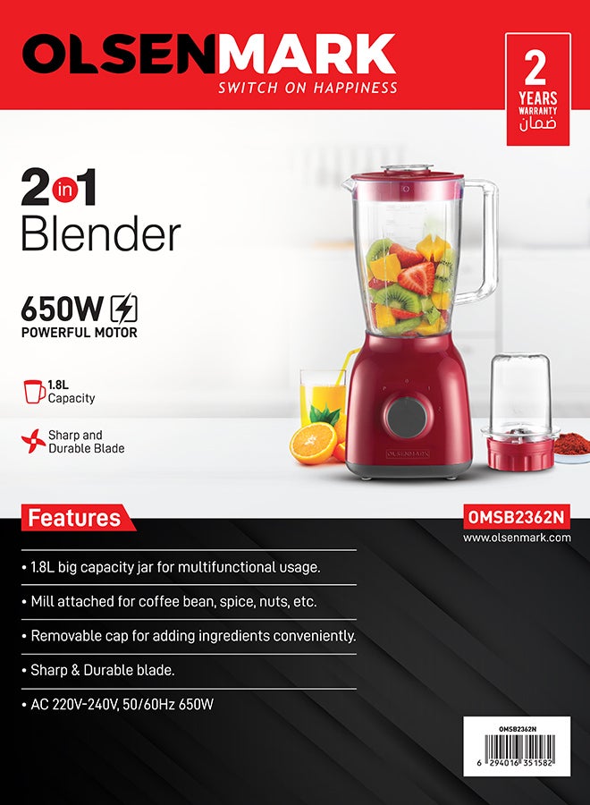 2-In-1 Juicer Blender Chopper Set 1.8 L OMSB2362N, 650W Powerful Motor With 2 Speed Setting And Pulse, Transparent And Unbreakable Jars With Stainless Steel Blade, Grinder Attachment 1.8 L 650 W OMSB2362N Red