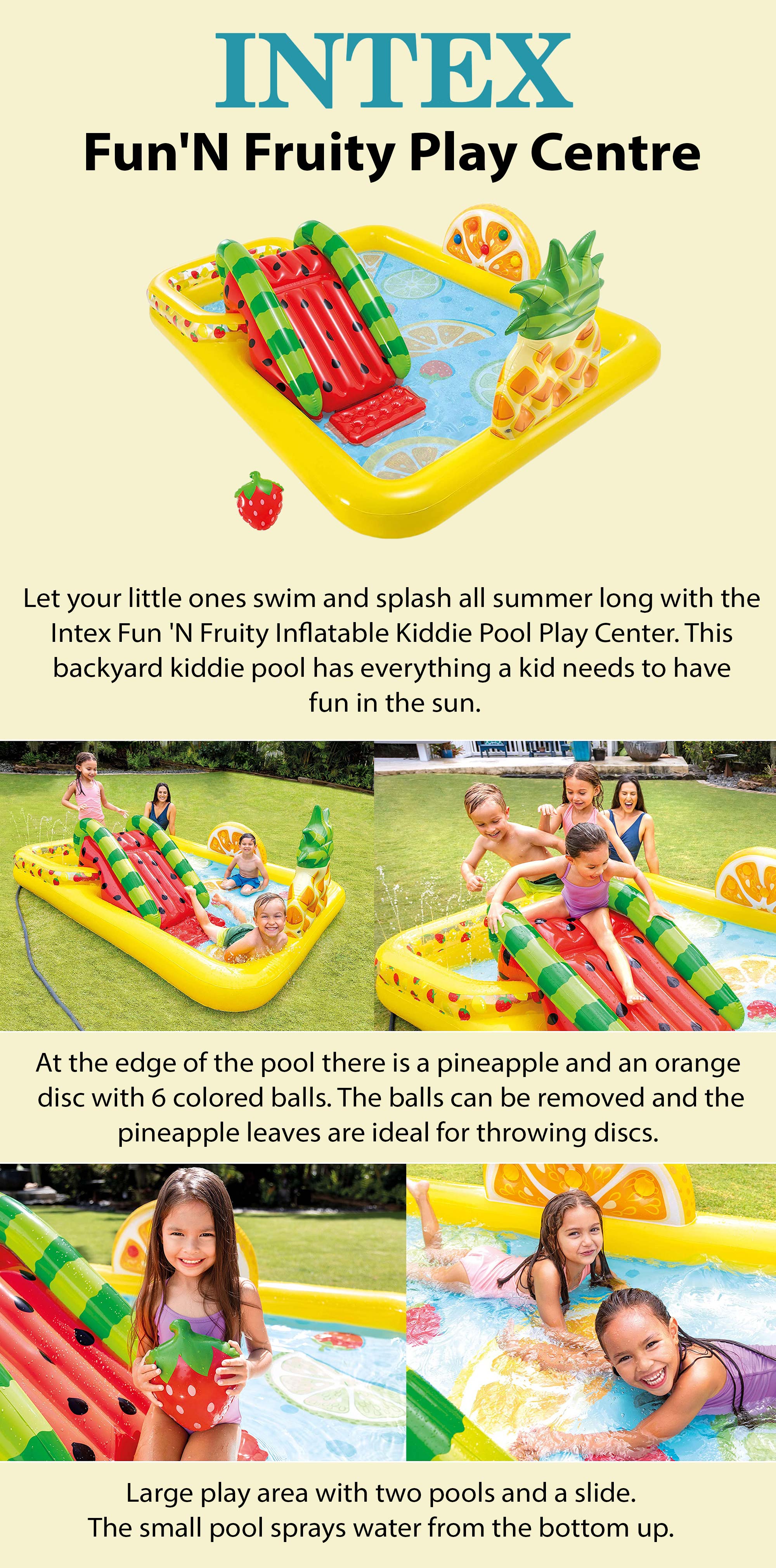 Inflatable Printed Unisex Fun N Fruity Play Center Swimming Pool With Water Slide, Splash Summer Fun Water Play Includes Drain Plug And Repair Patch 244x191x91cm