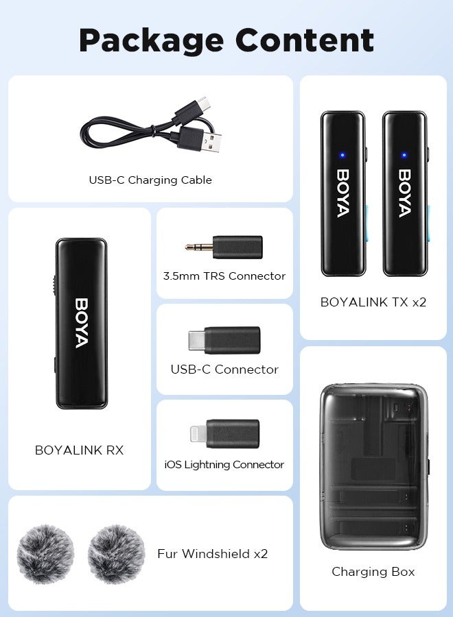 BOYALINK Wireless Lavalier Microphone,Dual Channel Clip on Mic,Portable Charging Case with Lightning,USB-C,3.5mm Jack Adapter for iPhone Andriod Camera,Noise Reduction for Vedio Audio Recording