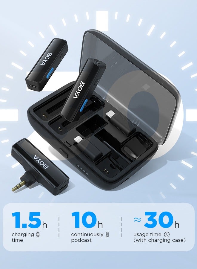 BOYALINK Wireless Lavalier Microphone,Dual Channel Clip on Mic,Portable Charging Case with Lightning,USB-C,3.5mm Jack Adapter for iPhone Andriod Camera,Noise Reduction for Vedio Audio Recording
