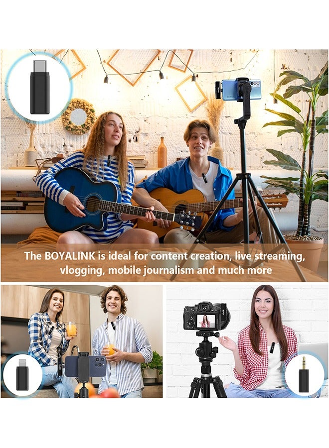 BOYALINK Wireless Lavalier Microphone,Dual Channel Clip on Mic,Portable Charging Case with Lightning,USB-C,3.5mm Jack Adapter for iPhone Andriod Camera,Noise Reduction for Vedio Audio Recording