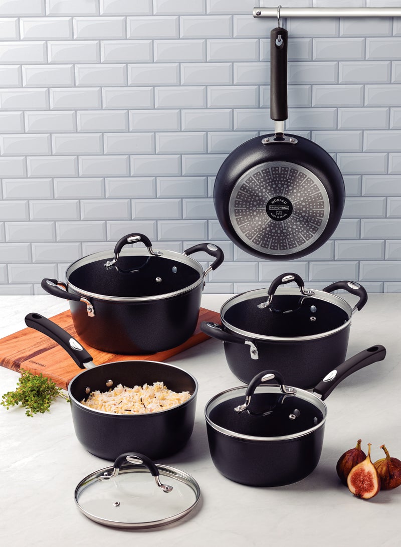 Since 1911,Made in Brazil- Brazil, Monaco Induction Ready 9 Pieces Black Aluminum Cookware Set with Interior and Exterior Starflon Premium Nonstick Coating